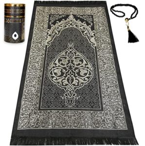 kapobia muslim prayer rug islam and beads, kaabe design box eid ramadan gifts islamic set carnal salah mat taffeta fabric black soft prayer mats men and women