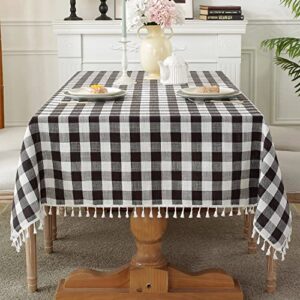 laolitou checkered tablecloth rectangle washable buffalo plaid table cloth with tassel cotton linen gingham table cover for picnic kitchen dining room, black and white, 86 inch