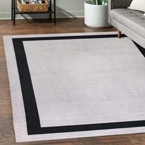 machine washable area rug with non slip backing & stain resistant & eco friendly & family and pet friendly – everest geometric modern bordered creme & black design 5’4”x8′