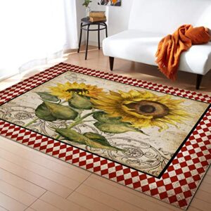 area rug absorbent non-slip rectangle rug retro sunflower red rhombus checkered background rugs for living room bedroom kitchen entryway, soft floor mat indoor carpet accent rugs 2×3 feet