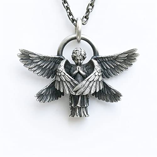 TOKZON Angel Amulet Necklace, Angel Pendant Necklace Angel Wings Amulet, Seraphim Pray Pendant, for Men and Women-Silver