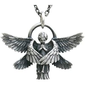 tokzon angel amulet necklace, angel pendant necklace angel wings amulet, seraphim pray pendant, for men and women-silver