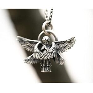 TOKZON Angel Amulet Necklace, Angel Pendant Necklace Angel Wings Amulet, Seraphim Pray Pendant, for Men and Women-Silver