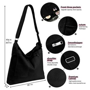 Ndeno Hobo Bags for Women Crossbody Shoulder Tote Bag Canvas College School Student Handbags Casual Shopping Work Travel Bag (Black)