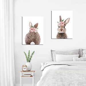 Girls Nursery Wall Art Bunny Rabbit with Pink Flower Crown Canvas Print Wall Decor Woodland Animal Posters Kids Room Set of 2 Bedroom Deccoration Framed Wall Art