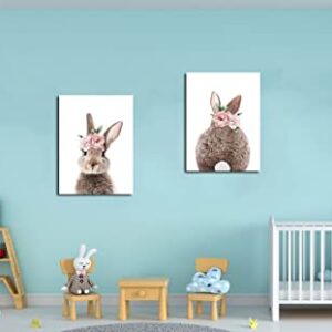 Girls Nursery Wall Art Bunny Rabbit with Pink Flower Crown Canvas Print Wall Decor Woodland Animal Posters Kids Room Set of 2 Bedroom Deccoration Framed Wall Art