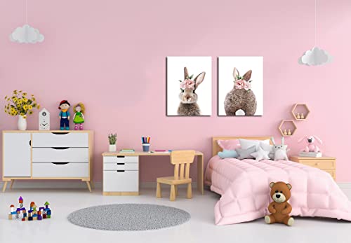 Girls Nursery Wall Art Bunny Rabbit with Pink Flower Crown Canvas Print Wall Decor Woodland Animal Posters Kids Room Set of 2 Bedroom Deccoration Framed Wall Art