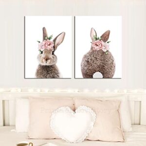 Girls Nursery Wall Art Bunny Rabbit with Pink Flower Crown Canvas Print Wall Decor Woodland Animal Posters Kids Room Set of 2 Bedroom Deccoration Framed Wall Art