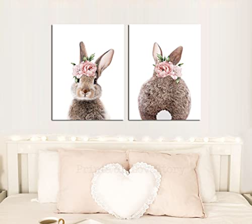 Girls Nursery Wall Art Bunny Rabbit with Pink Flower Crown Canvas Print Wall Decor Woodland Animal Posters Kids Room Set of 2 Bedroom Deccoration Framed Wall Art