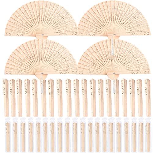 Merkaunis 50 PCS Wooden Folding Fans Wedding Fans Chinese wooden Fan with Tassel Hand Held Folding Fans Hollow Pattern for Women Foldable Wedding Gifts Baby Shower Party Favor and Home Decorations