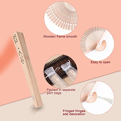 Merkaunis 50 PCS Wooden Folding Fans Wedding Fans Chinese wooden Fan with Tassel Hand Held Folding Fans Hollow Pattern for Women Foldable Wedding Gifts Baby Shower Party Favor and Home Decorations