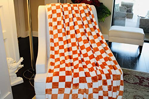 JCG Blanket Luxury Chessboard Plaid Throw Blanket (White/Orange), Fluffy Blankets, Warm Blankets for Winter, Blankets Queen Size, Good Also as Summer Blanket,