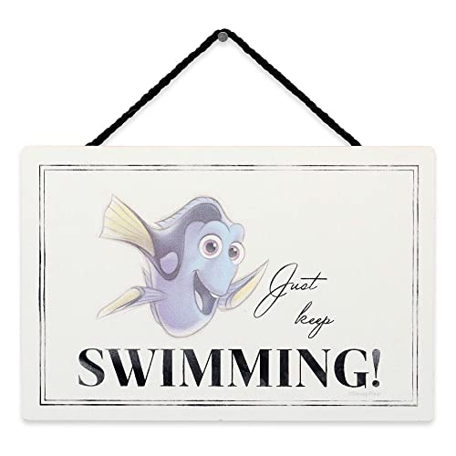 Open Road Brands Disney 100th Anniversary Finding Nemo Dory Quote Hanging Wood Wall Decor - Just Keep Swimming Sign for Home Decorating