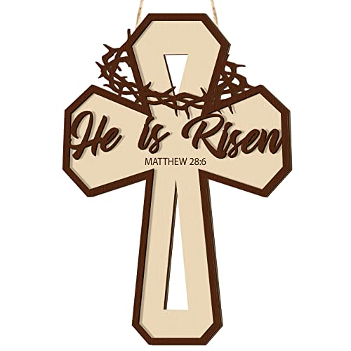 He Is Risen Door Sign Wooden Easter Cross Religious Decorations Rustic Religious Easter Decor Spring Christian Door Hanging Sign Wood Cross Hanger Signs for Home Wall Wreath Decoration Indoor Outdoor