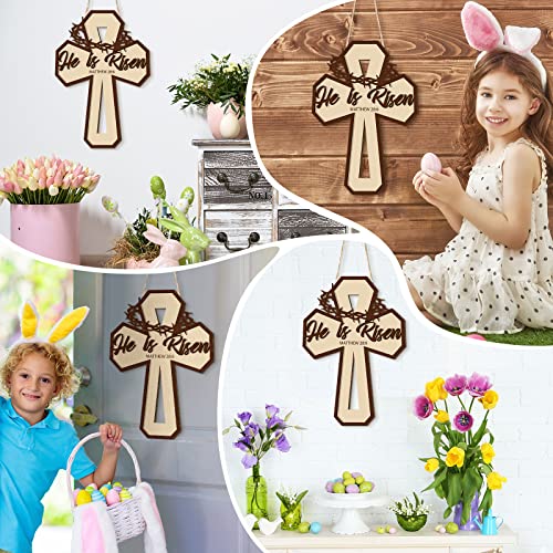 He Is Risen Door Sign Wooden Easter Cross Religious Decorations Rustic Religious Easter Decor Spring Christian Door Hanging Sign Wood Cross Hanger Signs for Home Wall Wreath Decoration Indoor Outdoor