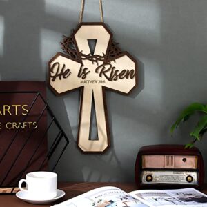 He Is Risen Door Sign Wooden Easter Cross Religious Decorations Rustic Religious Easter Decor Spring Christian Door Hanging Sign Wood Cross Hanger Signs for Home Wall Wreath Decoration Indoor Outdoor