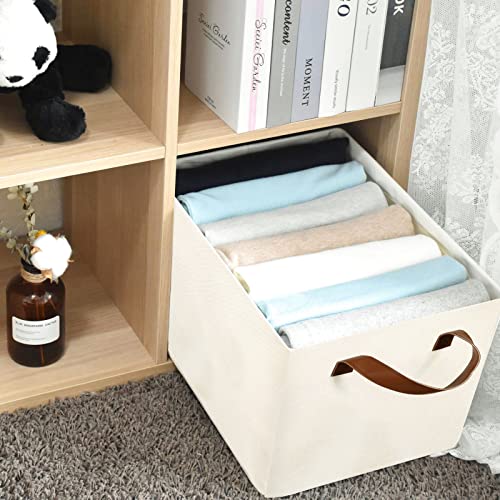 Yawinhe Foldable Storage Basket with Drawstring Cover and 2 Leather Handles, Collapsible Storage Bins, Baskets for Organizing Shelf Nursery Home Closet (Beige, 14.56x10.23x7.87in/4-Pack)