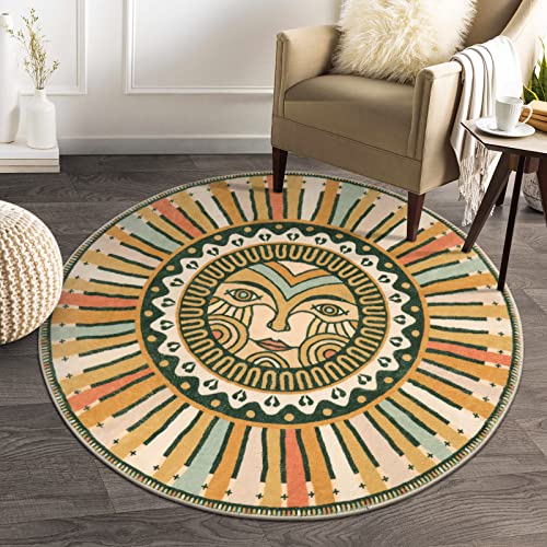 Sungea Retro Sun Round Rug for Bedroom, 4ft Soft Circle Washable Area Rug, Entryway Non-Slip Low Pile Throw Rugs, Carpet for Sofa Nursery Living Dining Room