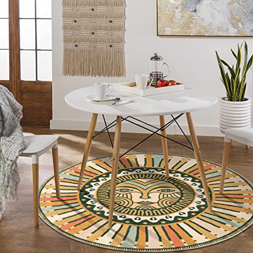 Sungea Retro Sun Round Rug for Bedroom, 4ft Soft Circle Washable Area Rug, Entryway Non-Slip Low Pile Throw Rugs, Carpet for Sofa Nursery Living Dining Room