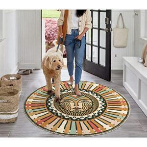 Sungea Retro Sun Round Rug for Bedroom, 4ft Soft Circle Washable Area Rug, Entryway Non-Slip Low Pile Throw Rugs, Carpet for Sofa Nursery Living Dining Room