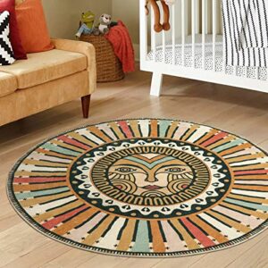 Sungea Retro Sun Round Rug for Bedroom, 4ft Soft Circle Washable Area Rug, Entryway Non-Slip Low Pile Throw Rugs, Carpet for Sofa Nursery Living Dining Room