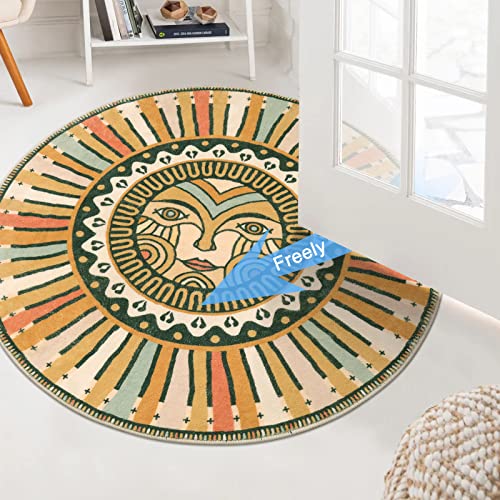 Sungea Retro Sun Round Rug for Bedroom, 4ft Soft Circle Washable Area Rug, Entryway Non-Slip Low Pile Throw Rugs, Carpet for Sofa Nursery Living Dining Room