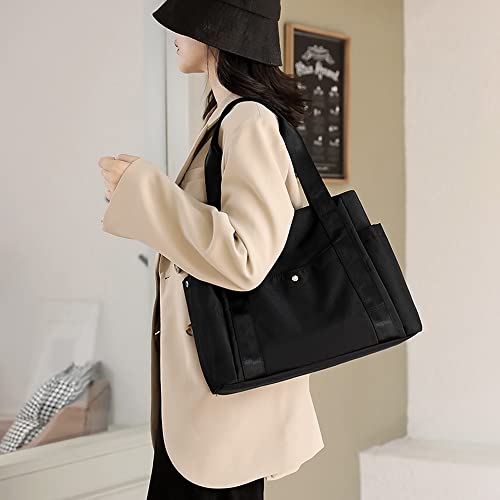 Women Tote Shoulder Handbag Waterproof Nylon Hobo Purse Multi Pocket Top Handle Shopper Shoulder Bag Black-1