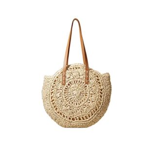 Straw Bag Women Handmade Shoulder Handbag Large Beach Bag Handwoven Round Tote Beige