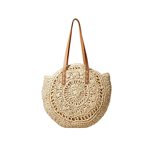 Straw Bag Women Handmade Shoulder Handbag Large Beach Bag Handwoven Round Tote Beige