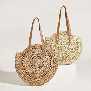 Straw Bag Women Handmade Shoulder Handbag Large Beach Bag Handwoven Round Tote Beige