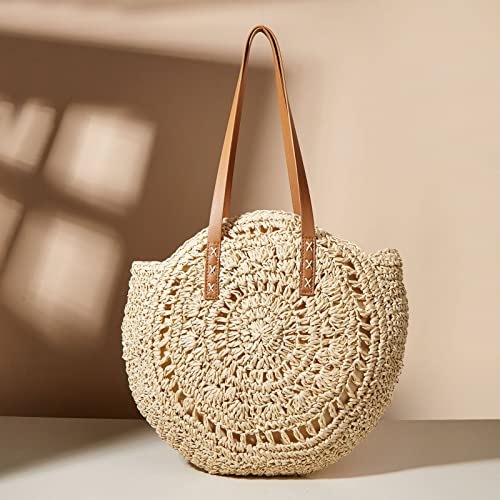 Straw Bag Women Handmade Shoulder Handbag Large Beach Bag Handwoven Round Tote Beige