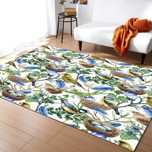 leaves birds area rug 3’x5′,blue green branch plant fruit feather egg outdoor indoor small carpet runner for kids teen girls boys bedroom,living room,bathroom,office,kitchen,washable area+rug