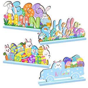 4pcs easter wooden table sign, happy easter bunny table centerpieces spring tabletop colorful easter egg hunt table centerpiece signs for dinner party indoor decoration