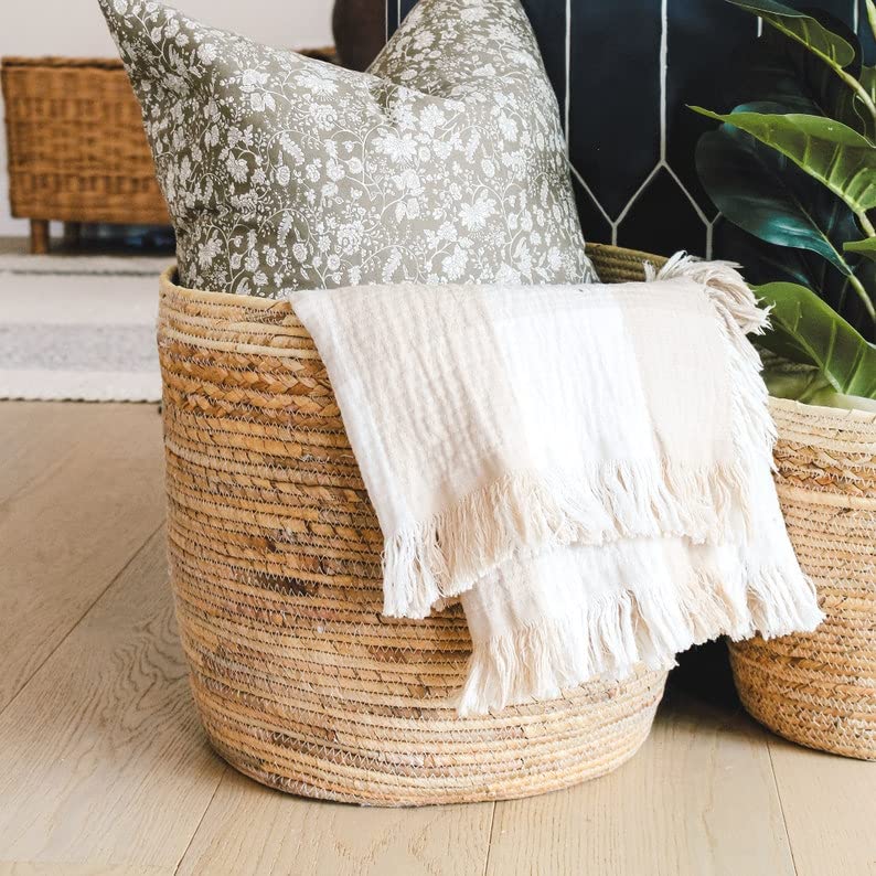 UVITAS Set of 3 - Large Wicker Storage Basket, Woven Seagrass Blanket Basket - Round Tall Natural Boho Nesting Storage Bins, Decorative Organization