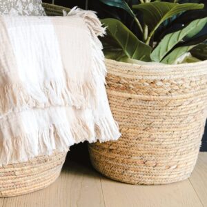 UVITAS Set of 3 - Large Wicker Storage Basket, Woven Seagrass Blanket Basket - Round Tall Natural Boho Nesting Storage Bins, Decorative Organization