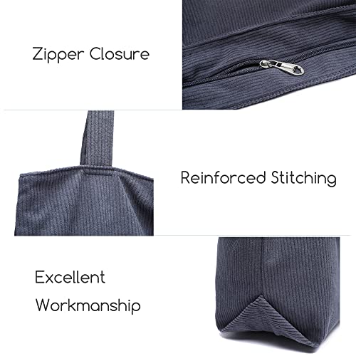 VOKUCAMP Women's Corduroy Handbag Zipper Tote's Bag Large Capacity Shoulder Bag with Pockets Jute Bag for Beach School Work Casual Yoga, 021 Dark Grey