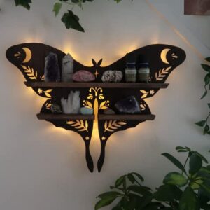 Wangohuk Crystal Shelf Display,New Butterfly Wooden Shelf Luna Moth Lamp,Wall Mounted Hanging Floating Wooden Shelves for Goth Kitchen Bedroom or Bathroom Decor (1)