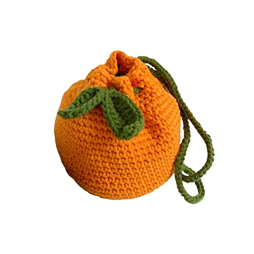 Deselen Small Crochet Tote Bag - Handmade Drawstring Bucket Bag Bunches Pocket - Orange Styling Crossbody Bags for Women Trendy, Great for Girl or kids, Small