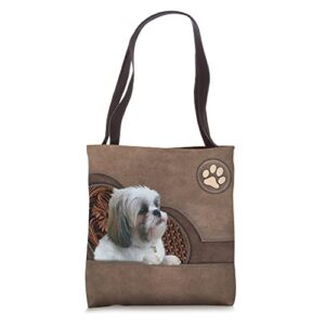 cute shih tzu heart floral-leather-dog paw tote bag