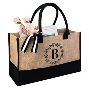 GIFTOXO Jute/Canvas Tote Bag For Women, Personalized Initial Tote Bag for Wedding Beach Birthday, Monogrammed Gift for Her (B)