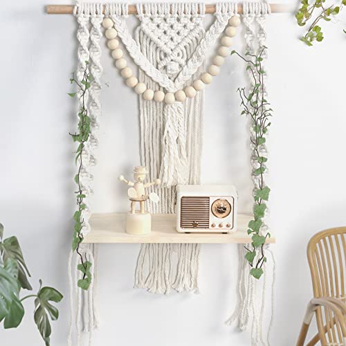 Macrame Shelf Wall Hanging Boho Shelves for Home Decor, Handmade wooden hanging shelf Bohemian home decor Wall Display Rack,Macrame Shelf Wall Hanging Boho Decor for Bedroom, Living Room, Natural.