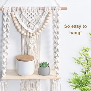 Macrame Shelf Wall Hanging Boho Shelves for Home Decor, Handmade wooden hanging shelf Bohemian home decor Wall Display Rack,Macrame Shelf Wall Hanging Boho Decor for Bedroom, Living Room, Natural.