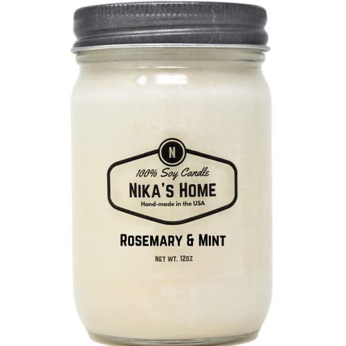 Nika's Home Rosemary Mint Soy Candle 12oz Mason Jar Non-Toxic White Soy Candle Handmade, Long Burning 50-60 Hours Highly Scented All Natural, Clean Burning Large Candle Gift Décor