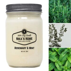 Nika's Home Rosemary Mint Soy Candle 12oz Mason Jar Non-Toxic White Soy Candle Handmade, Long Burning 50-60 Hours Highly Scented All Natural, Clean Burning Large Candle Gift Décor