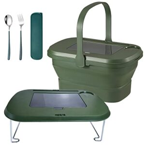 qmcahce picnic basket with tableware and tray table, foldable basket, collapsible camping basket with handle, portable sink, basin, bucket for hiking yard bbq(green)