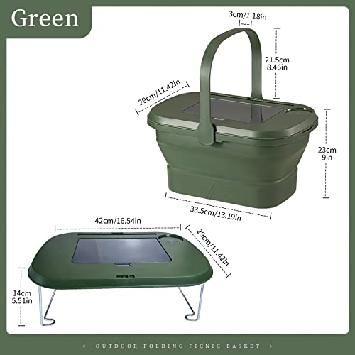 QMCAHCE Picnic Basket with Tableware and Tray Table, Foldable Basket, Collapsible Camping Basket with Handle, Portable Sink, Basin, Bucket for Hiking Yard BBQ(Green)