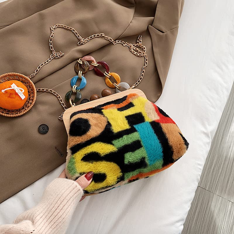 GESALOP Ladies Shoulder Bag Fashion Chain Tote Bag Wooden Clip Cross-body Bag Color Corduroy Cross-body Bag Wallet,y2k Totebag (Colored)
