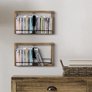 MyGift Wall Mounted Rustic Burnt Wood and Industrial Matte Black Metal CD DVD Storage Organizer Rack, Set of 2 Floating Wooden Frame Display Shelves