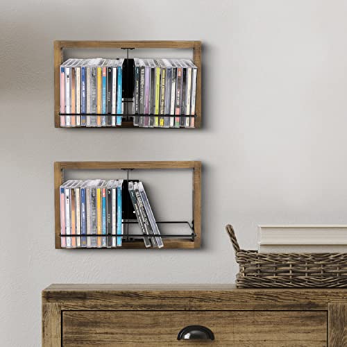 MyGift Wall Mounted Rustic Burnt Wood and Industrial Matte Black Metal CD DVD Storage Organizer Rack, Set of 2 Floating Wooden Frame Display Shelves