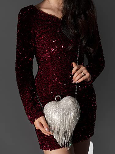 SWEETV Women's Rhinestone Heart Purse, Evening Clutch Bag for Formal Wedding Cocktail Prom Party Club, Silver